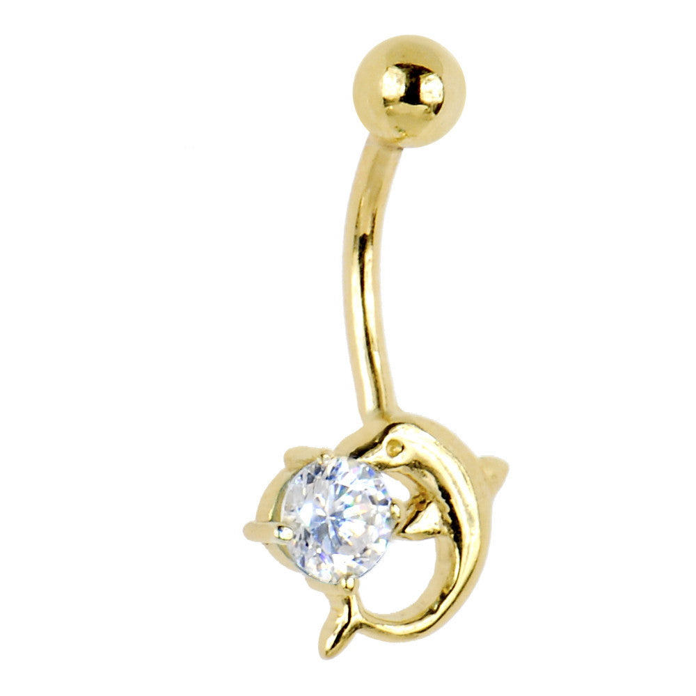 Solid 14kt Yellow Gold Dolphin Clear Cubic Zirconia Belly Ring