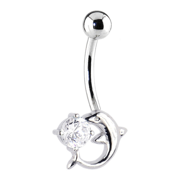 Solid 14kt White Gold Dolphin Clear Cubic Zirconia Belly Ring