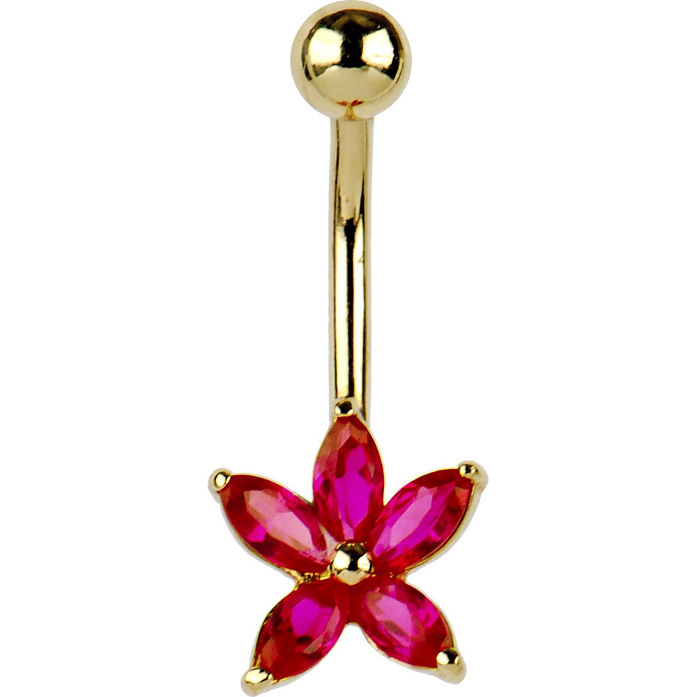Solid 14kt Yellow Gold Ruby Cubic Zirconia Lily Belly Ring