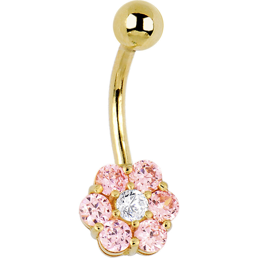 Solid 14kt Yellow Gold Pink Cubic Zirconia Flower Belly Ring