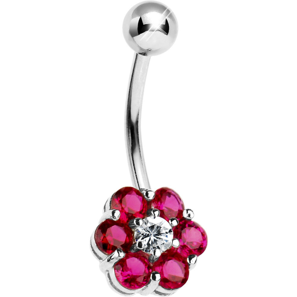 Solid 14kt White Gold Ruby Cubic Zirconia Flower Belly Ring