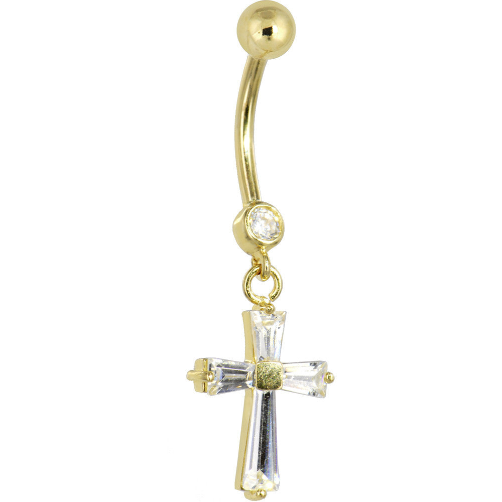 Solid 14kt Yellow Gold Cubic Zirconia Cross Dangle Belly Ring