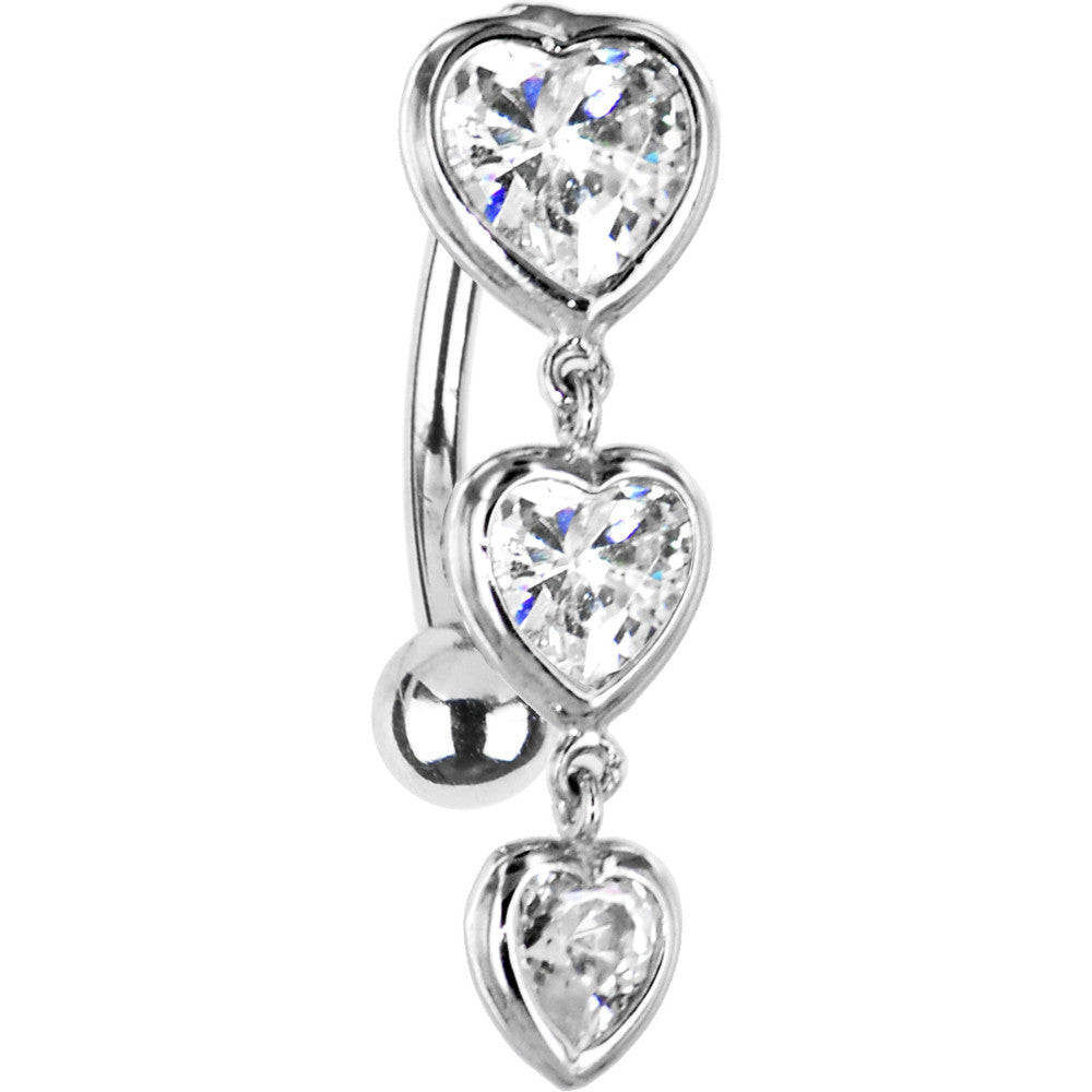 Solid 14kt White Gold Top Mount Cubic Zirconia Heart Trilogy Belly Ring