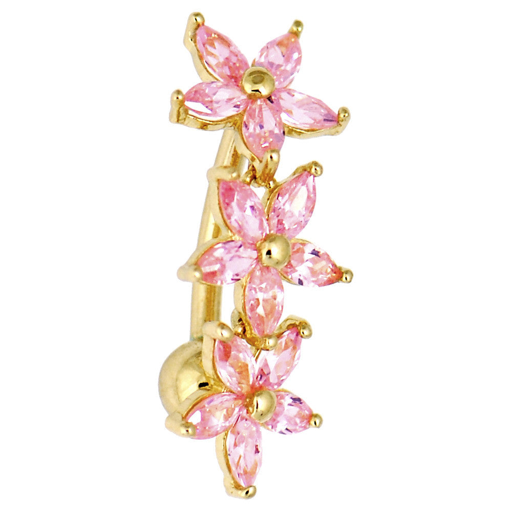 Solid 14kt Yellow Gold Pink Reverse Cubic Zirconia Lily Drop Belly Ring
