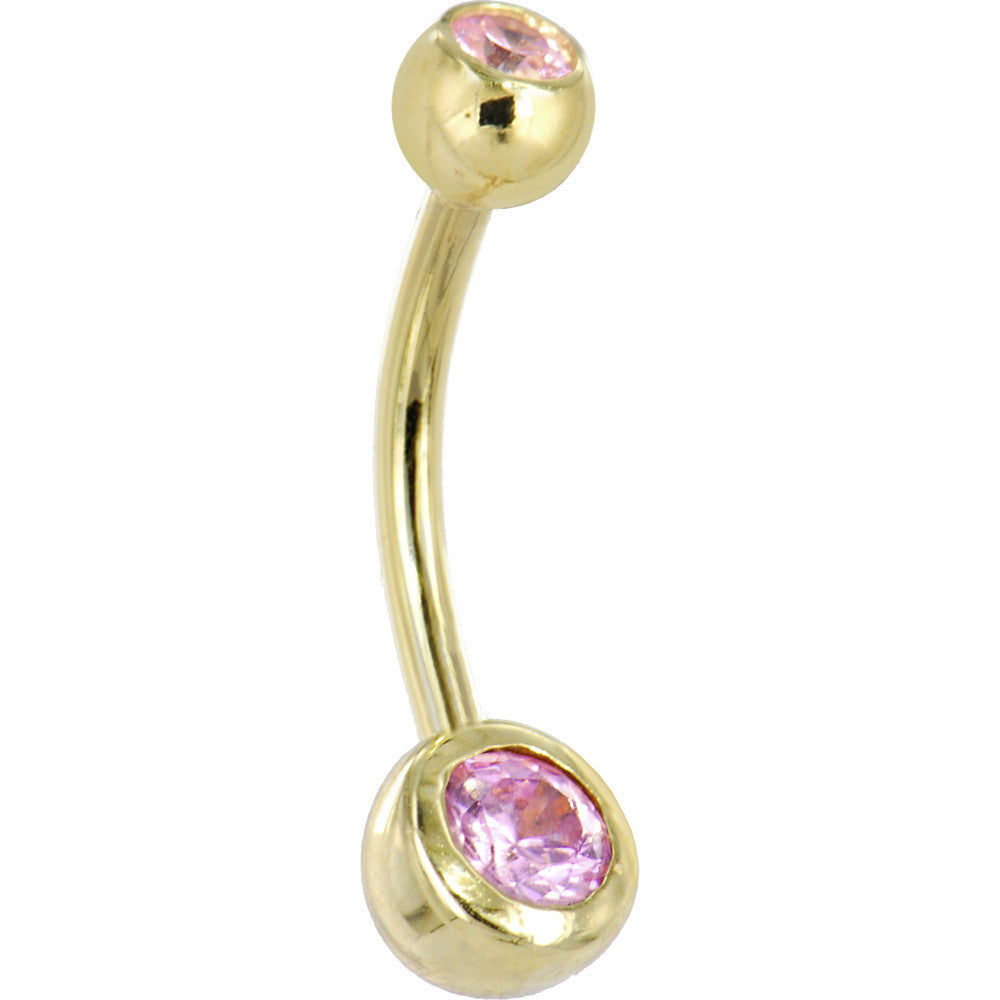 Solid 14kt Yellow Gold Pink Cubic Zirconia Double Gem Belly Ring