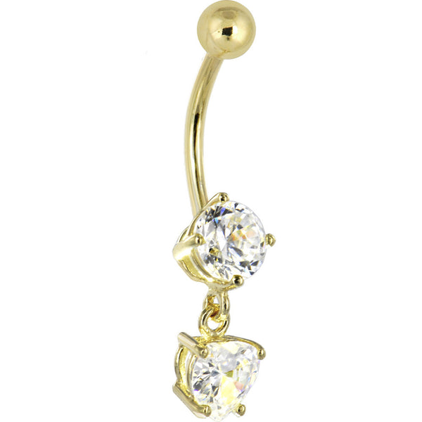 Solid 14kt Yellow Gold Cubic Zirconia Solitaire Round Heart Dangle Belly Ring