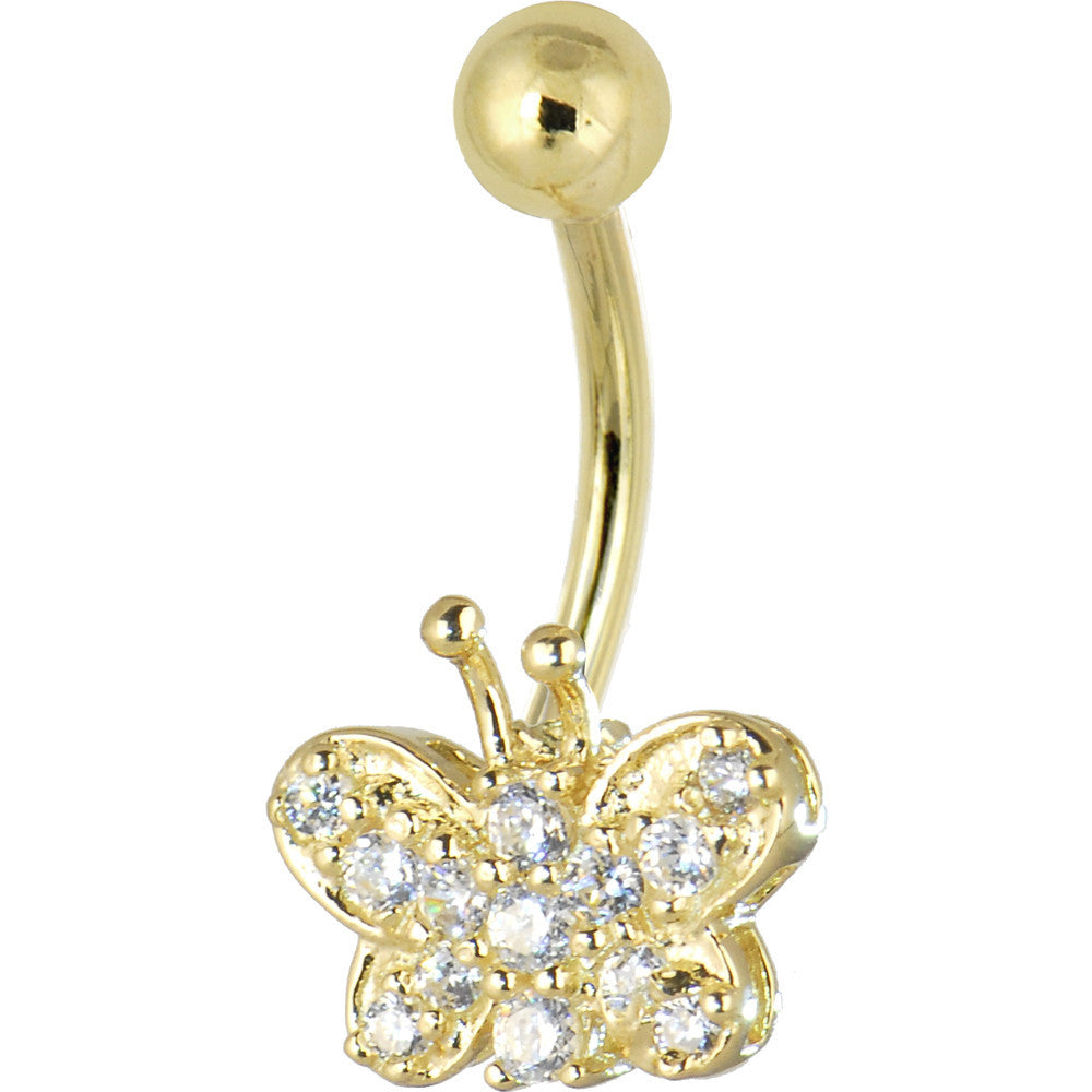 Solid 14kt Yellow Gold Cubic Zirconia Butterfly Dreams Belly Ring