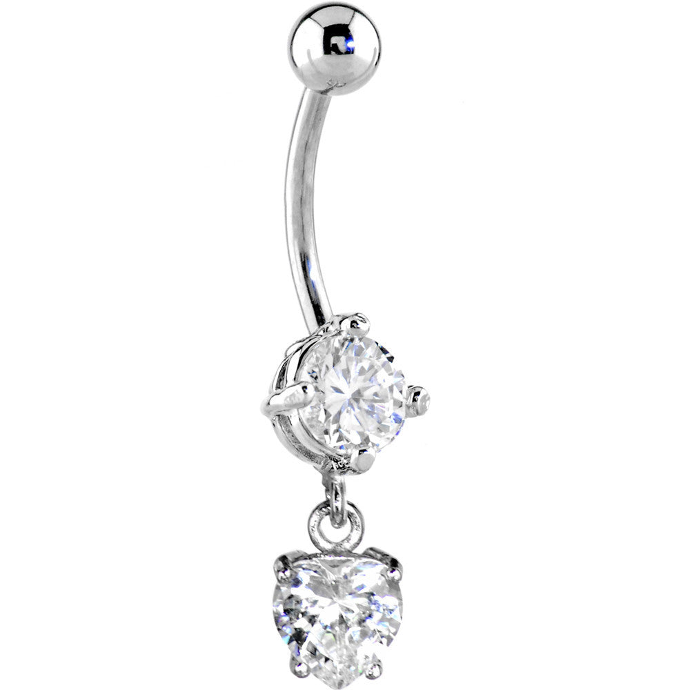 Solid 14kt White Gold Cubic Zirconia Solitaire Round Heart Dangle Belly Ring