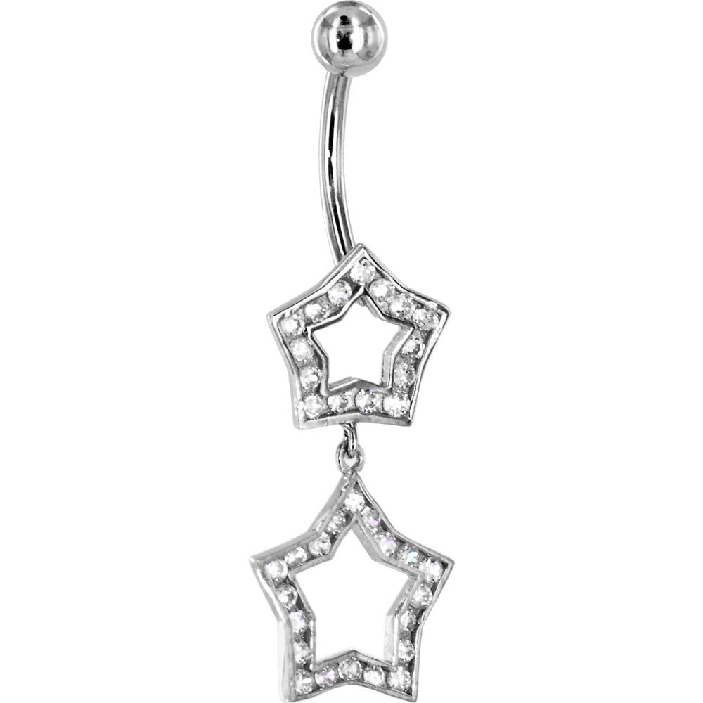 Solid 14kt White Gold Cubic Zirconia Coupled Star Belly Ring