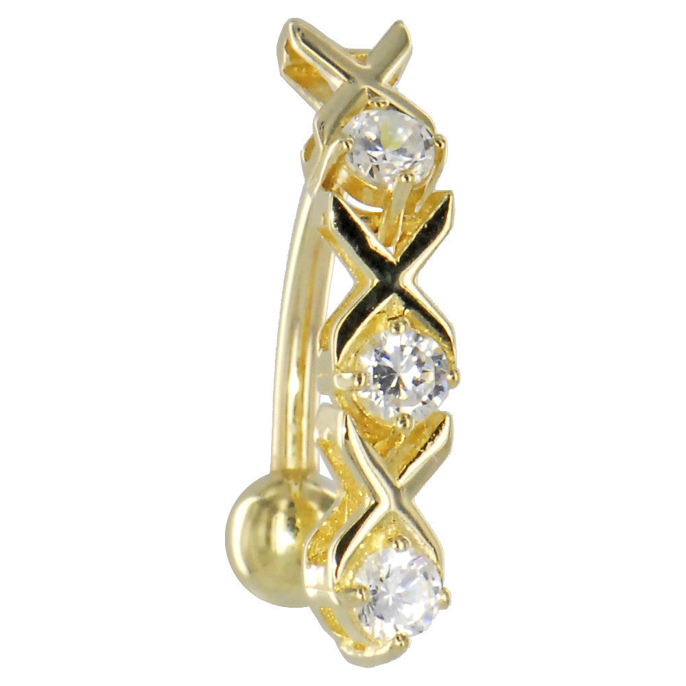 Solid 14kt Yellow Gold Top Mount Cubic Zirconia Xoxo Belly Ring