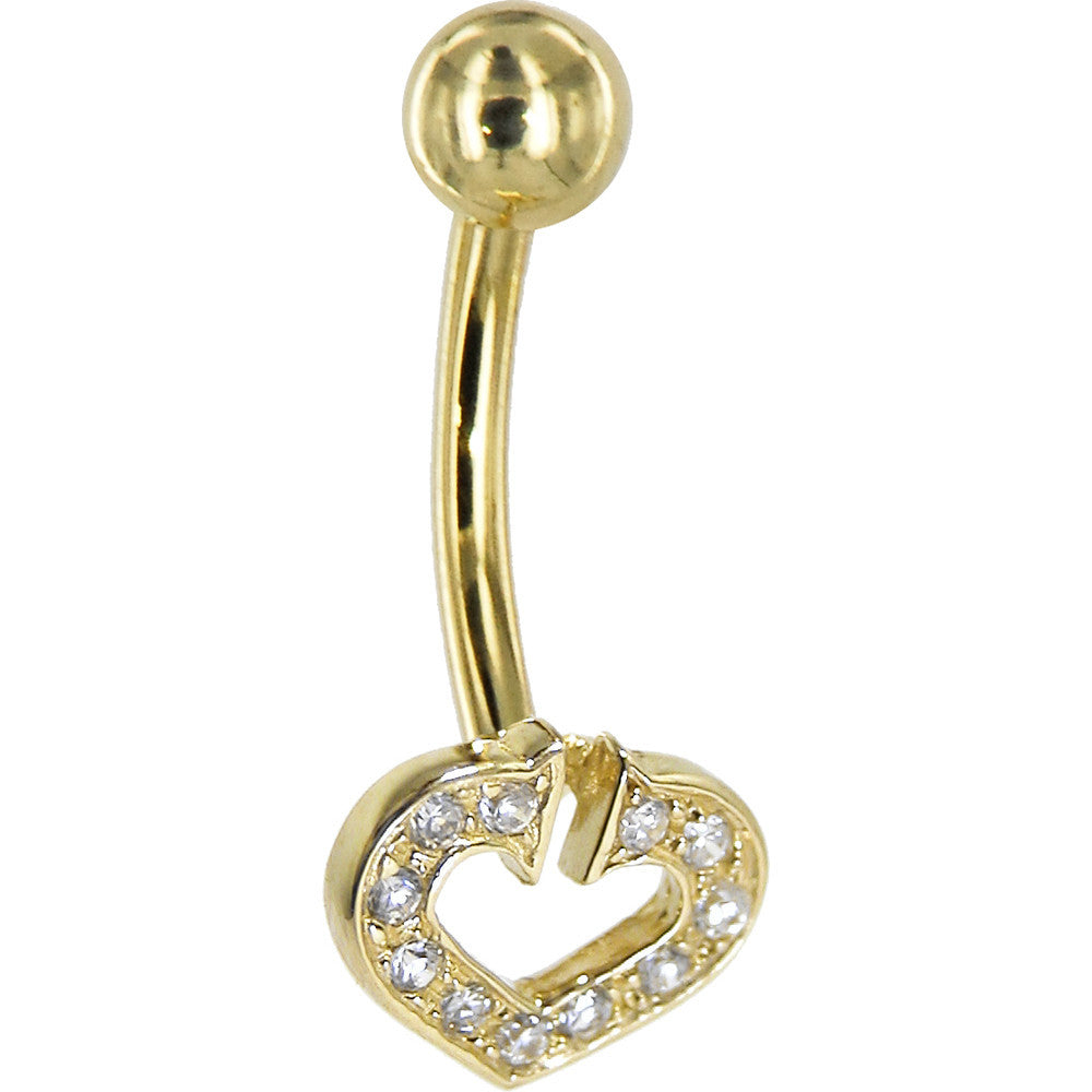 16G Solid 14k Yellow Gold Cubic Zirconia Paved Hollow Heart Belly Ring