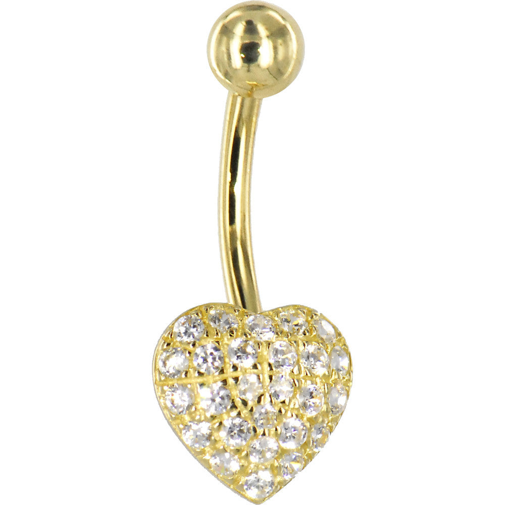 16G Solid 14k Yellow Gold Cubic Zirconia Paved Heart Belly Ring