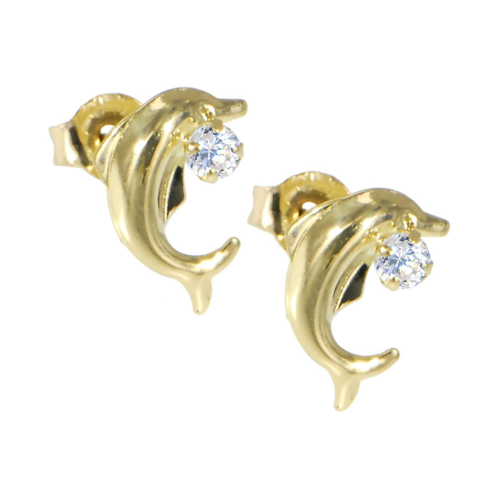 Solid 14KT Gold Cubic Zirconia DOLPHIN Earrings