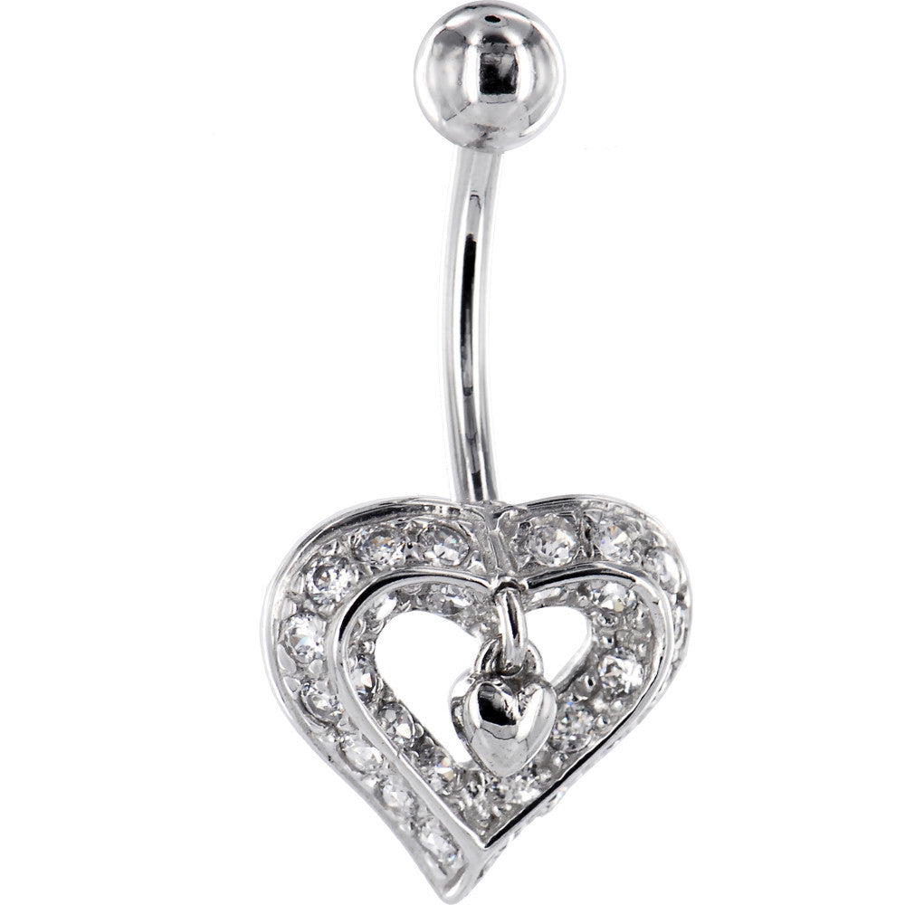 Solid 14KT White Gold Cubic Zirconia CHARMING HEART Belly Ring