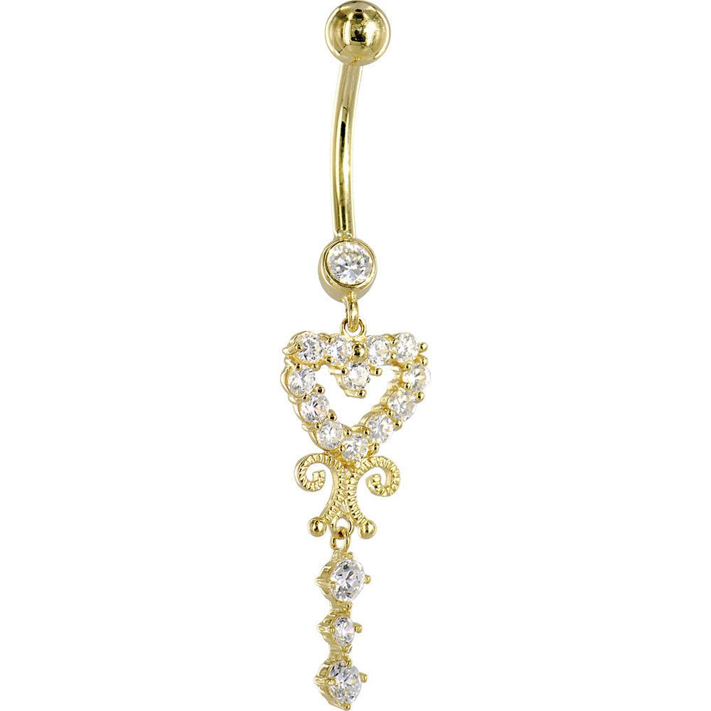 Solid 14KT Yellow Gold SCROLL DROP HEART Cubic Zirconia Belly Ring