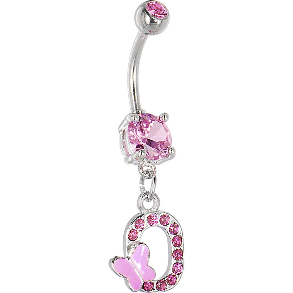 Pink Gem Butterfly INITIAL Dangle Belly Ring - LETTER O