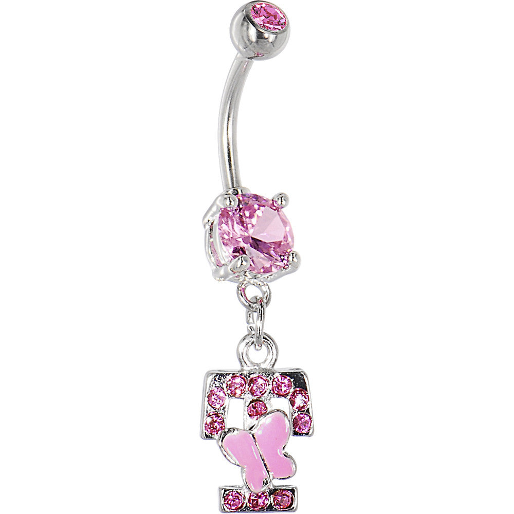Pink Gem Butterfly INITIAL Dangle Belly Ring - LETTER T