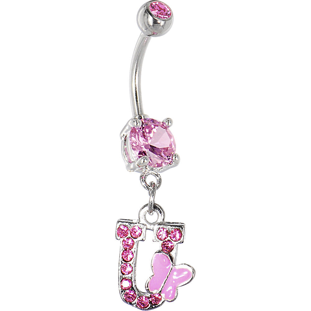 Pink Gem Butterfly INITIAL Dangle Belly Ring - LETTER U