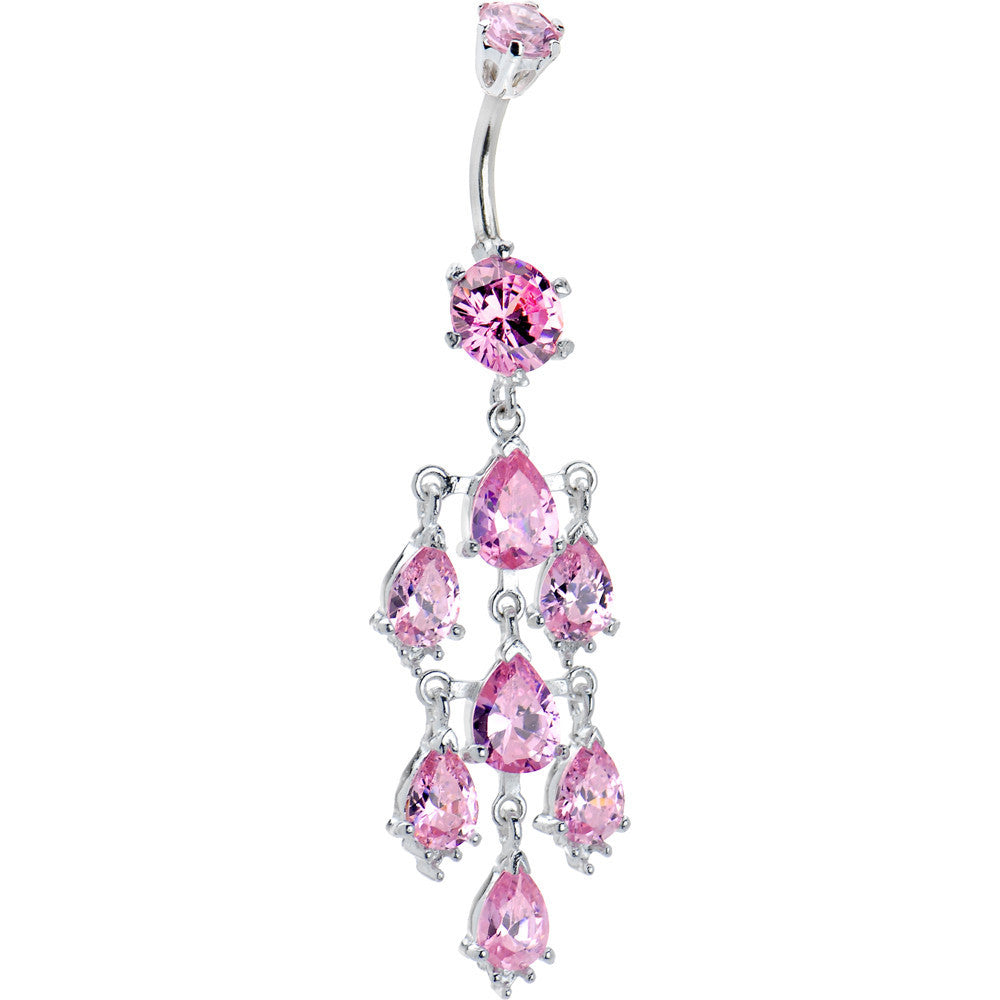 Sterling Silver 925 Pink Cubic Zirconia Treasure Chandelier Belly Ring