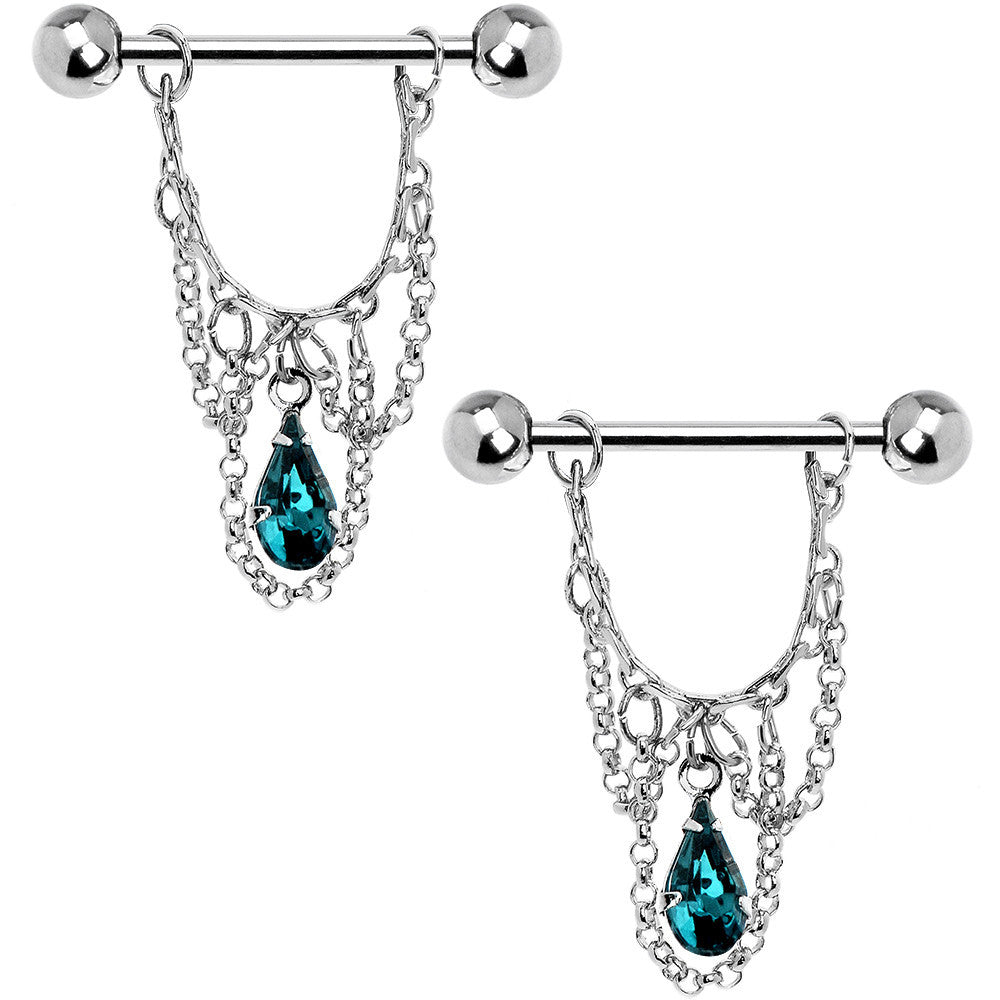 Blue Zircon Teardrop Chain Dangle Nipple Ring Set