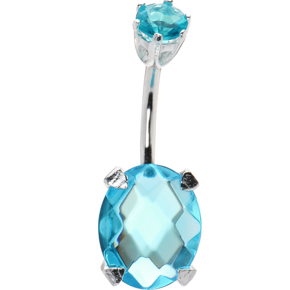 Sterling Silver 925 Aqua Cubic Zirconia Regal Round Solitaire Belly Ring