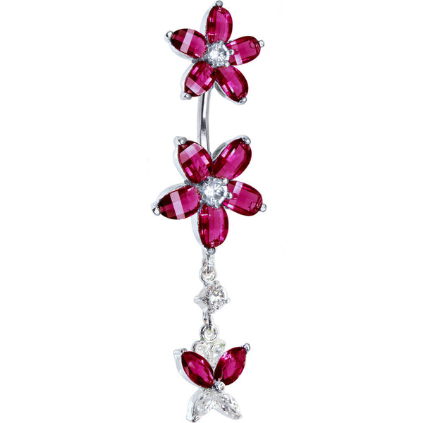 Sterling Silver 925 Siam Red Cubic Zirconia Dual Lily Butterfly Belly Ring