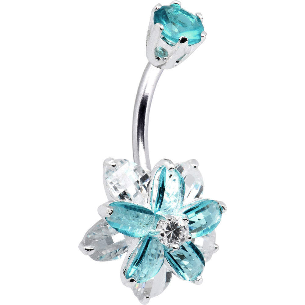 Sterling Silver 925 Aqua Cubic Zirconia Alluring Flower Belly Ring