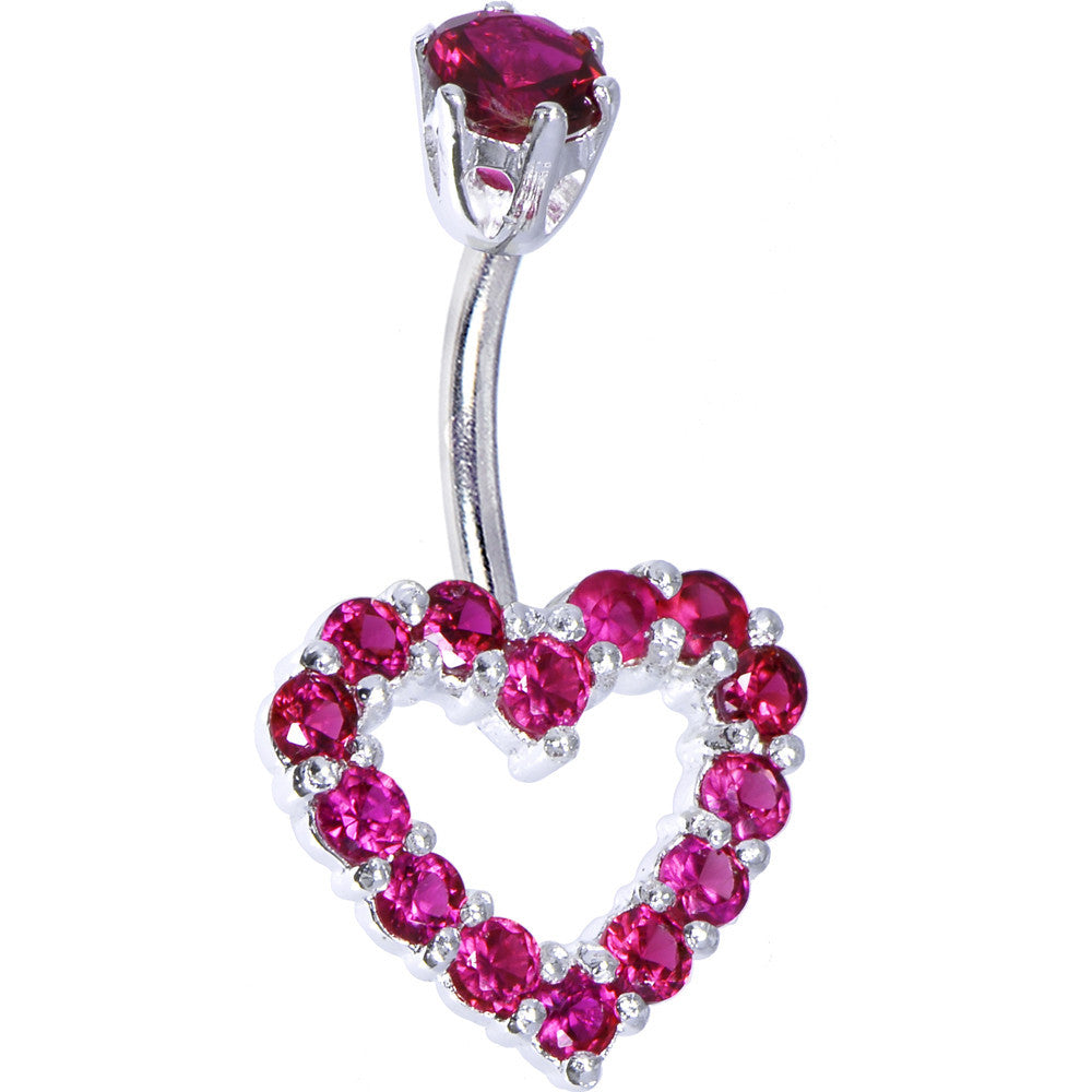Sterling Silver 925 Siam Red Cubic Zirconia Timeless Heart Belly Ring