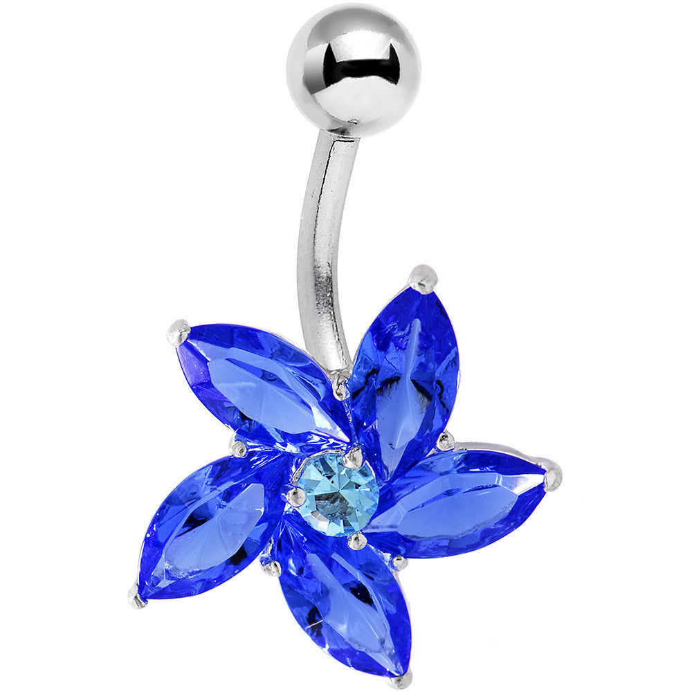 Sterling Silver 925 Sapphire Blue Cubic Zirconia Solo Flower Swirl Belly Ring