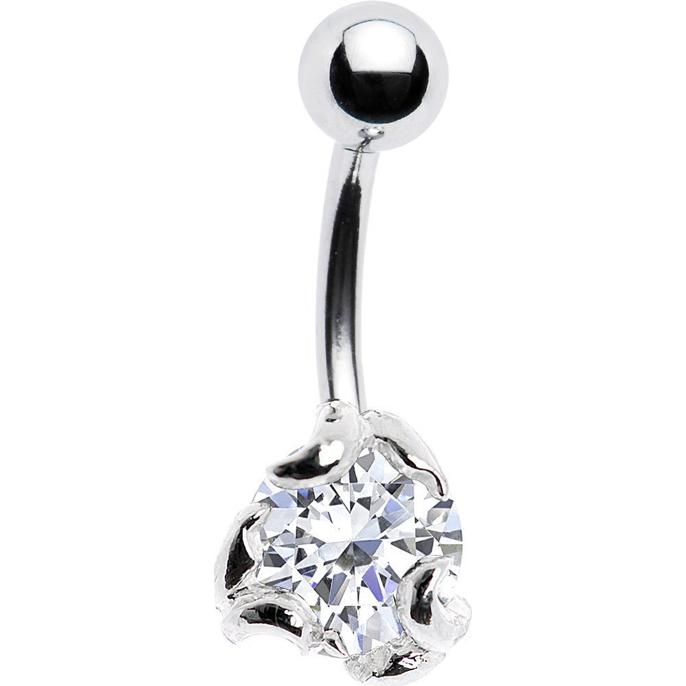 Sterling Silver 925 Clear CZ Scroll Solitaire Belly Ring