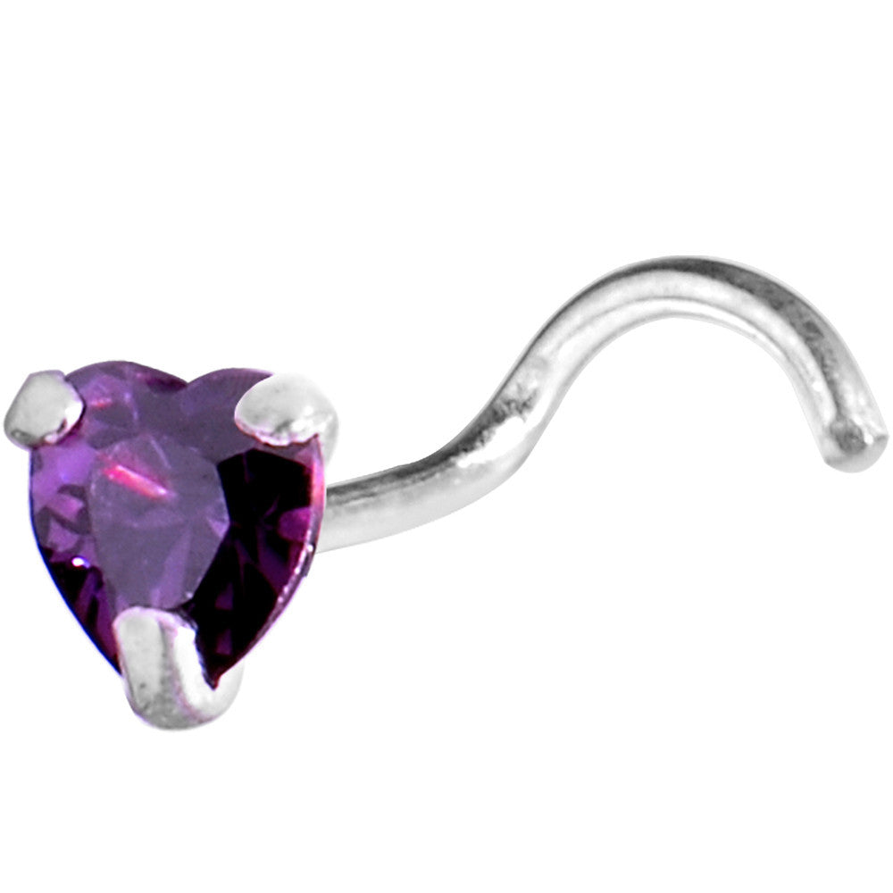 Sterling Silver 925 Amethyst CZ Heart Nose Ring