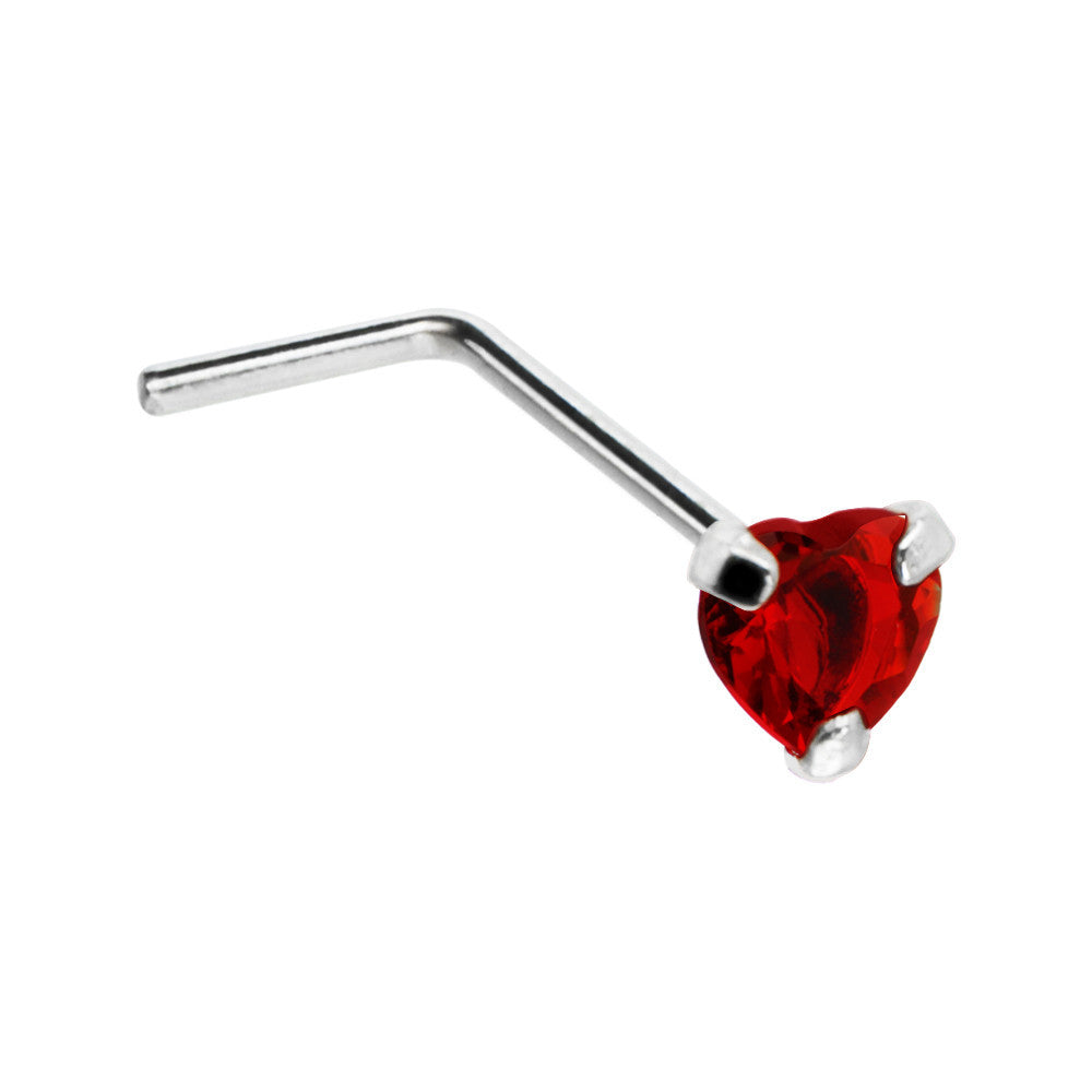 Sterling Silver 925 Red CZ Heart L-Shape Nose Ring