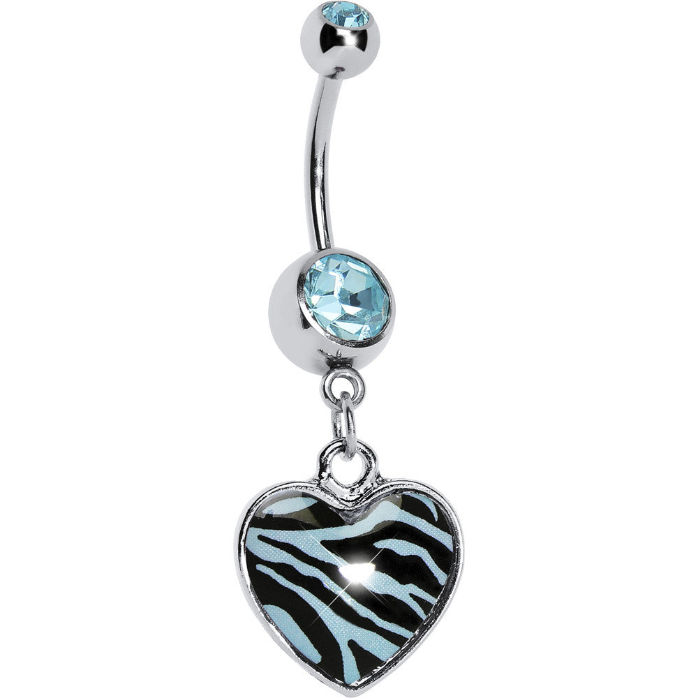 Blue Zebra Print Heart Dangle Belly Ring