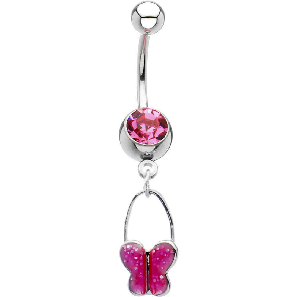 Pink Gem Butterfly Sparkle Dangle Belly Ring