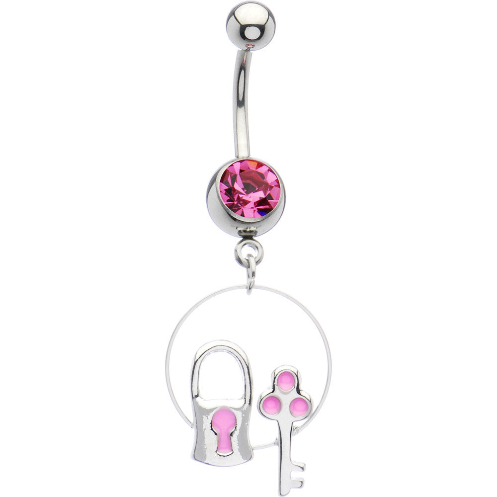 Pink Gem Key to My Heart Belly Ring