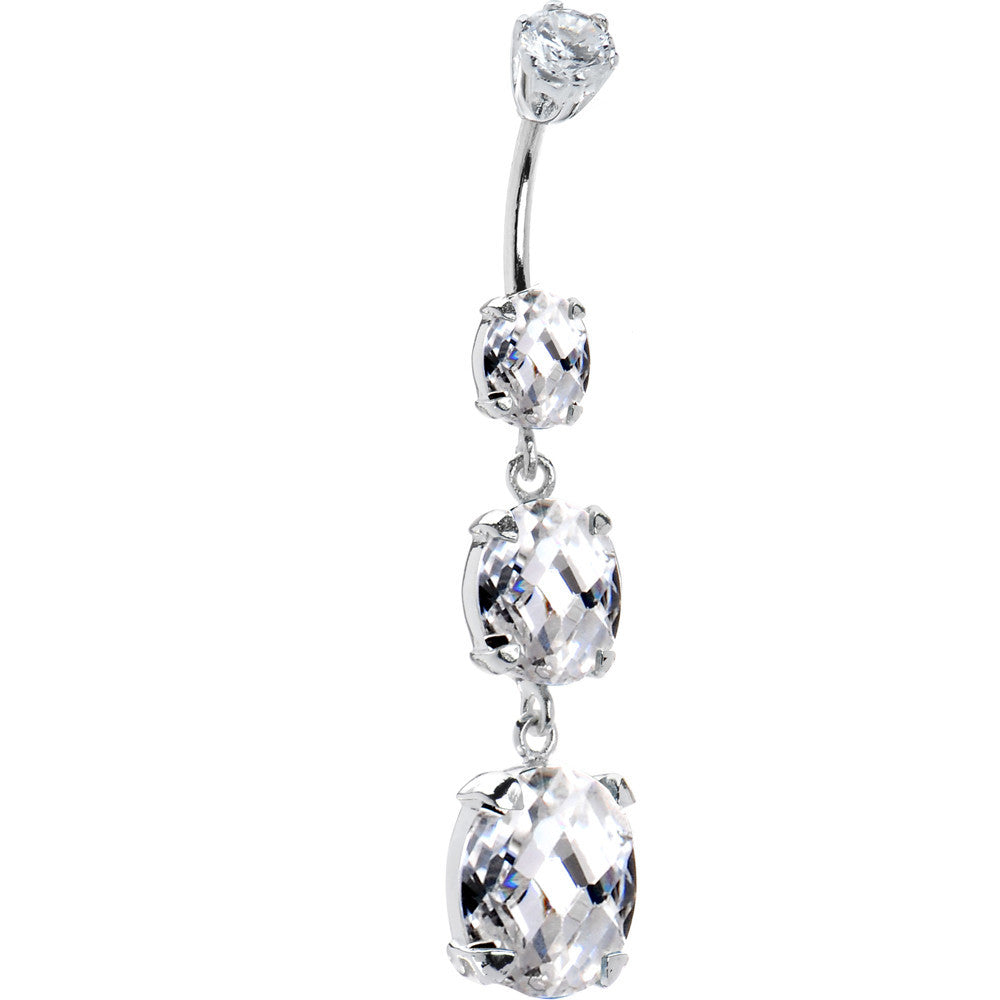 Sterling Silver 925 Clear Cubic Zirconia Regal Round Drop Belly Ring