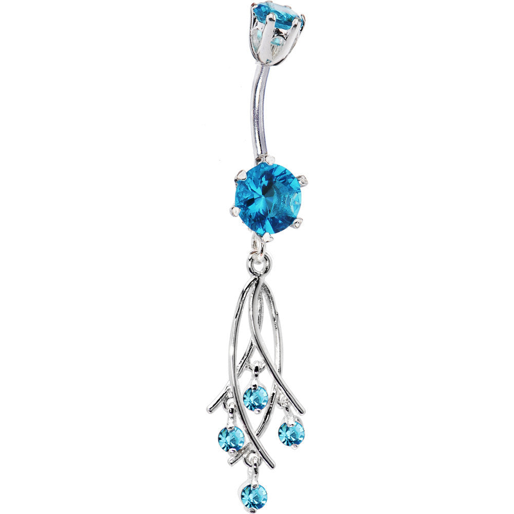 925 Sterling Silver Aquae CZ Dangle Chandelier Belly Ring