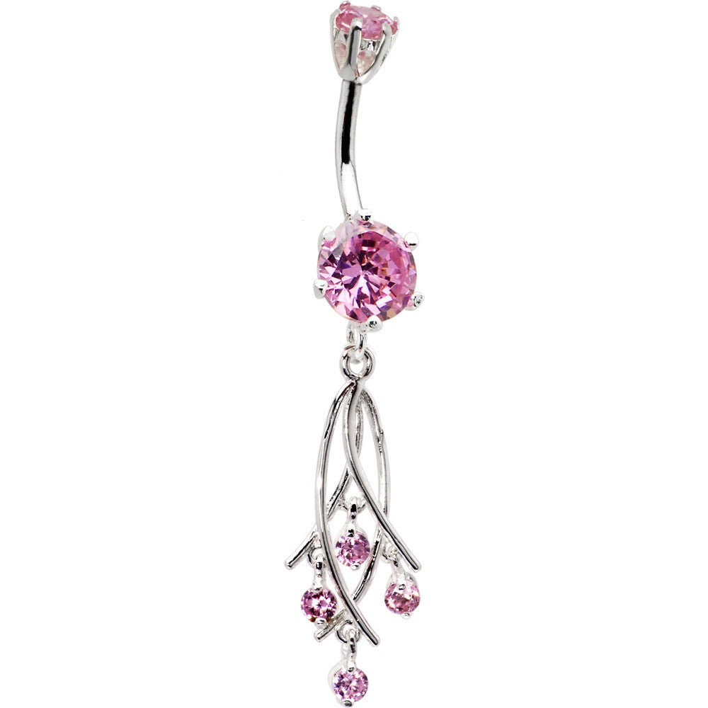 925 Sterling Silver Pink CZ Dangle Chandelier Belly Ring
