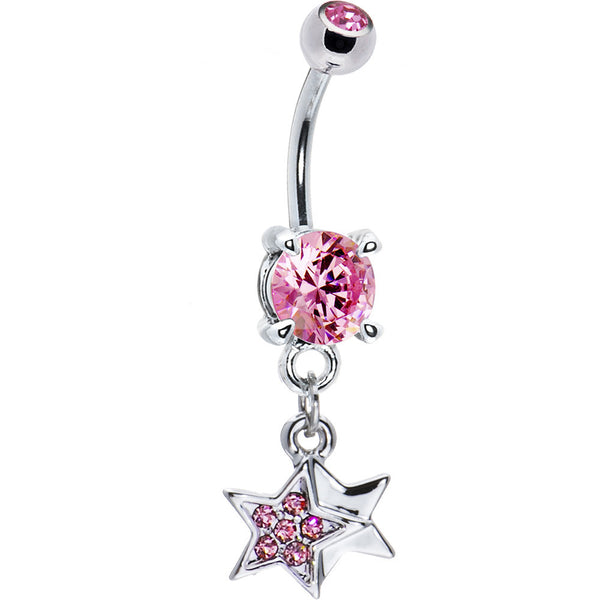 Pave Star and Solid Star Pink Cubic Zirconia Belly Ring
