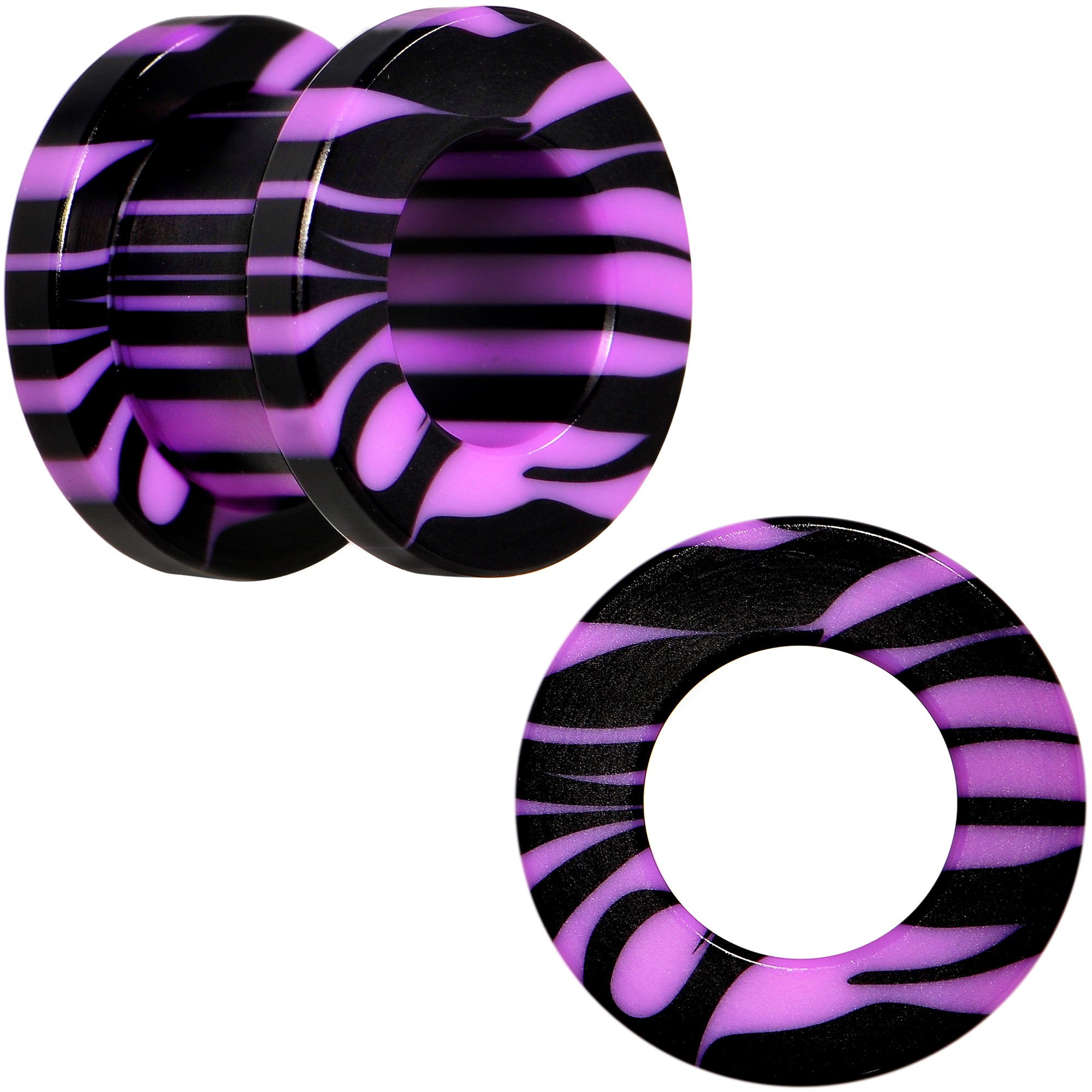 00 Gauge Purple Black Acrylic Zebra Striped Screw Fit Tunnel Plug Set