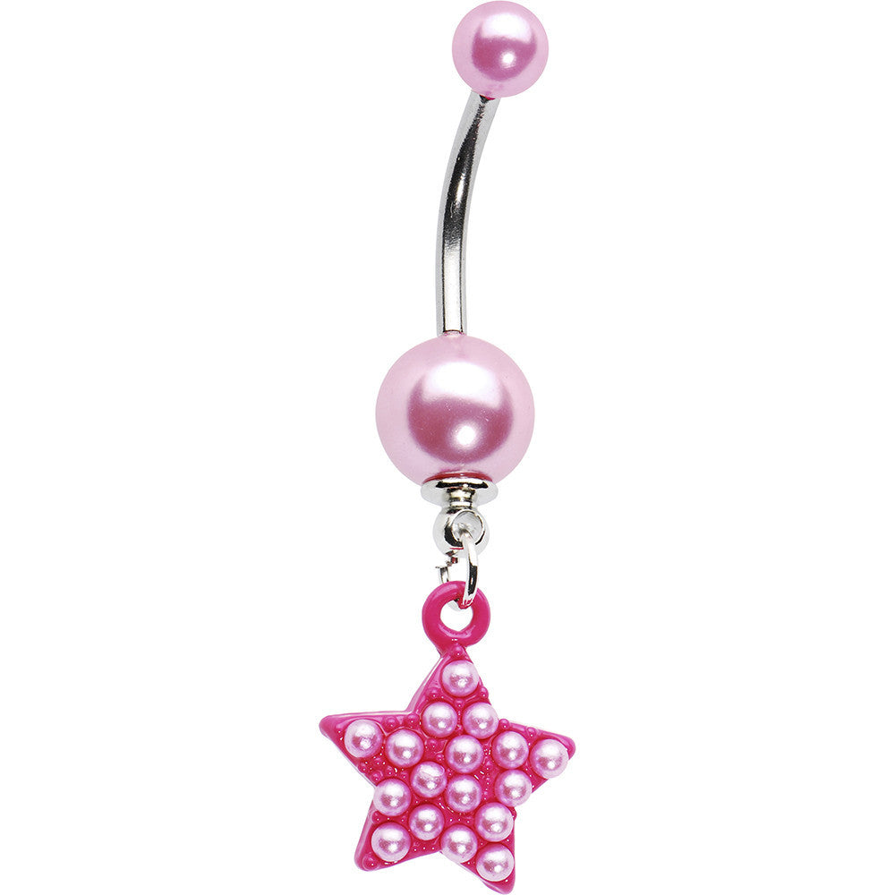 Pink Faux Pearl Star Dangle Belly Ring