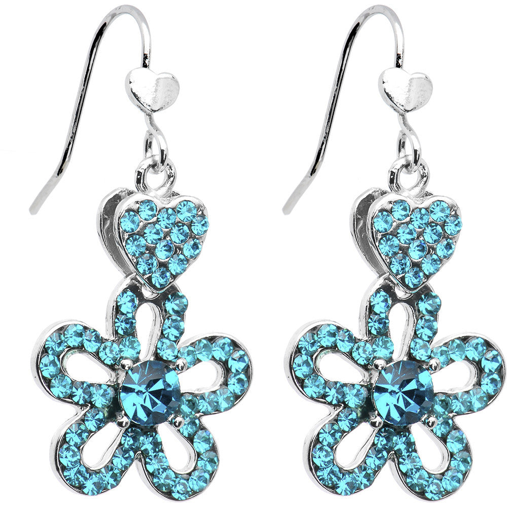 Illustrious Aqua Crystal Heart and Posy Flower Earrings