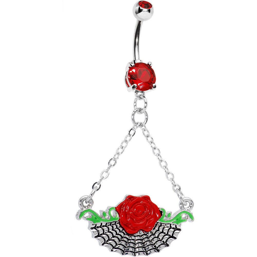 Red Rose Flower Spider Web Dangle Belly Ring