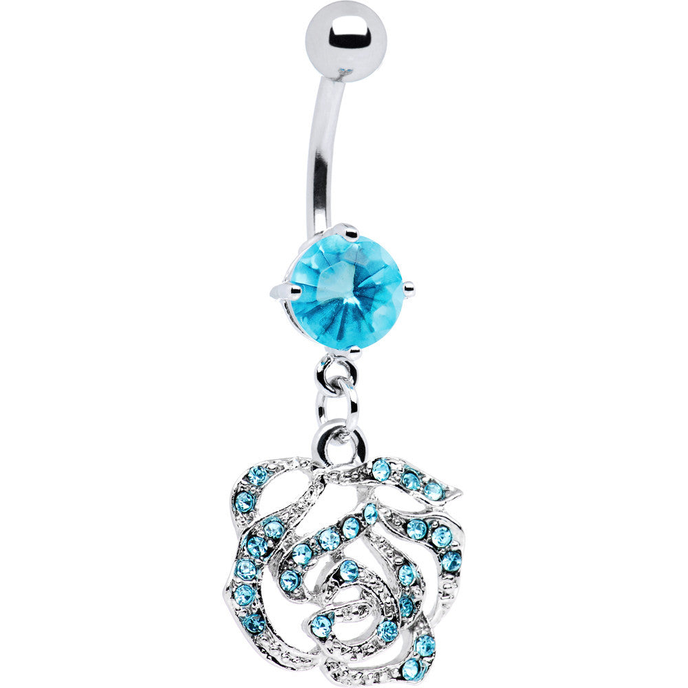Aqua Jeweled Rose Flower Belly Ring