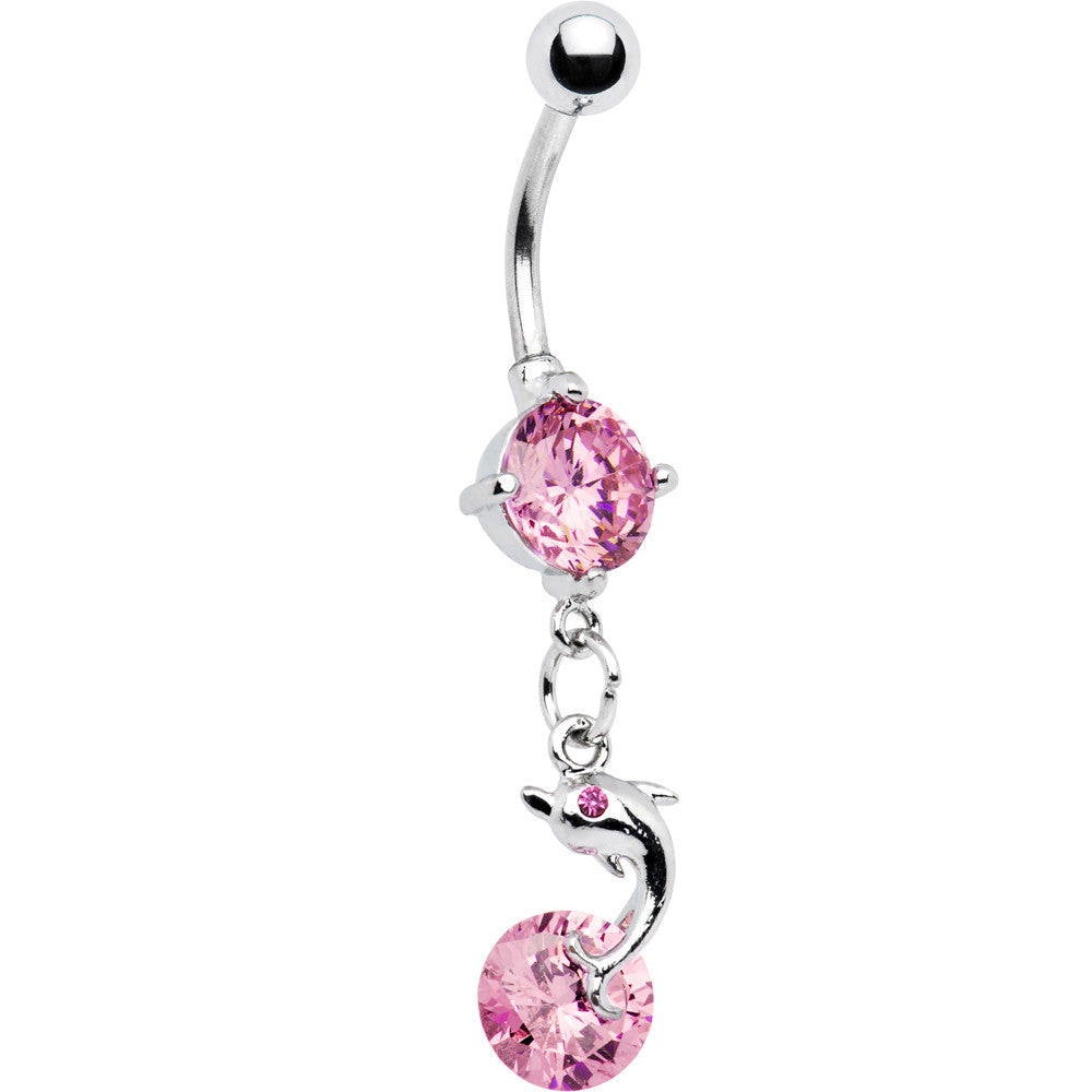 Double Pink Gem Leaping Dolphin Belly Ring