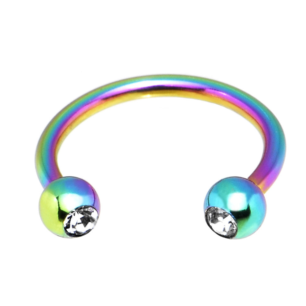 16G 3/8 Clear Gem Rainbow Anodized Horseshoe Circular Barbell