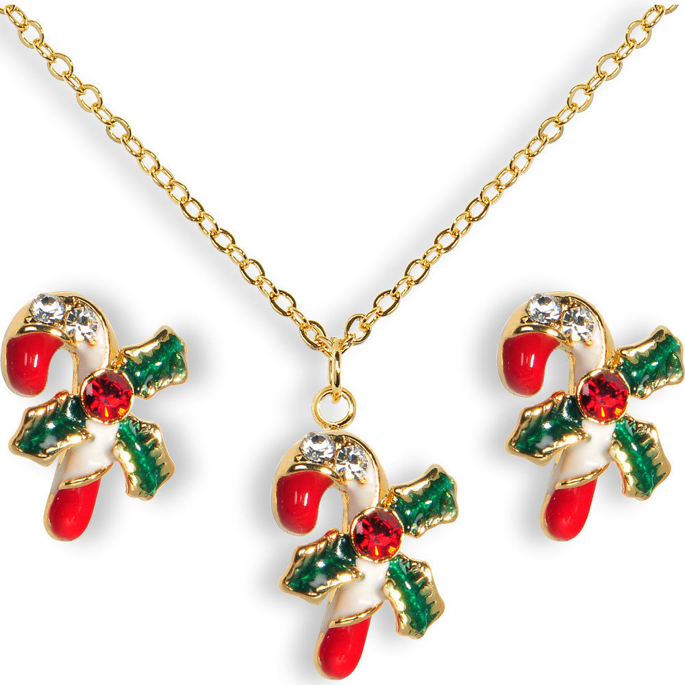 Gold Tone Gem Holiday Candy Cane Necklace and Stud Earrings Set