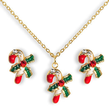 Gold Tone Gem Holiday Candy Cane Necklace and Stud Earrings Set