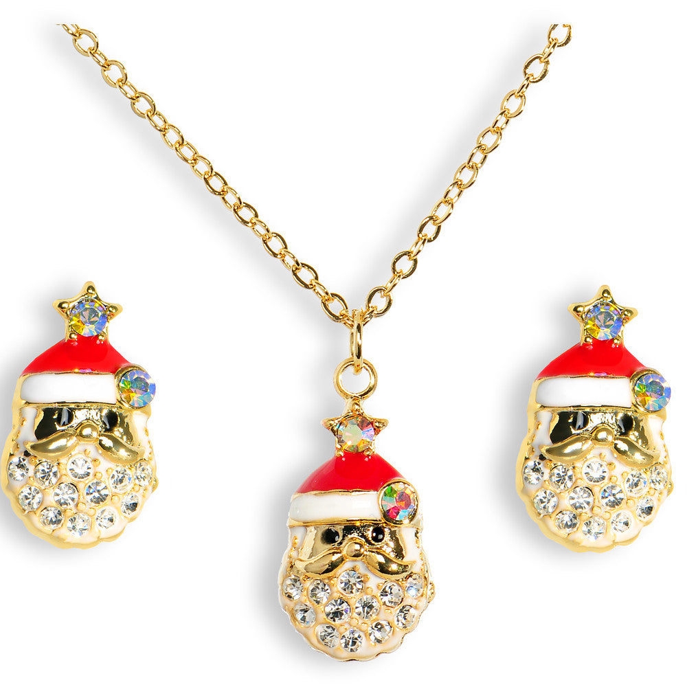 Gold Tone Gem Holiday Santa Claus Necklace and Stud Earrings Set