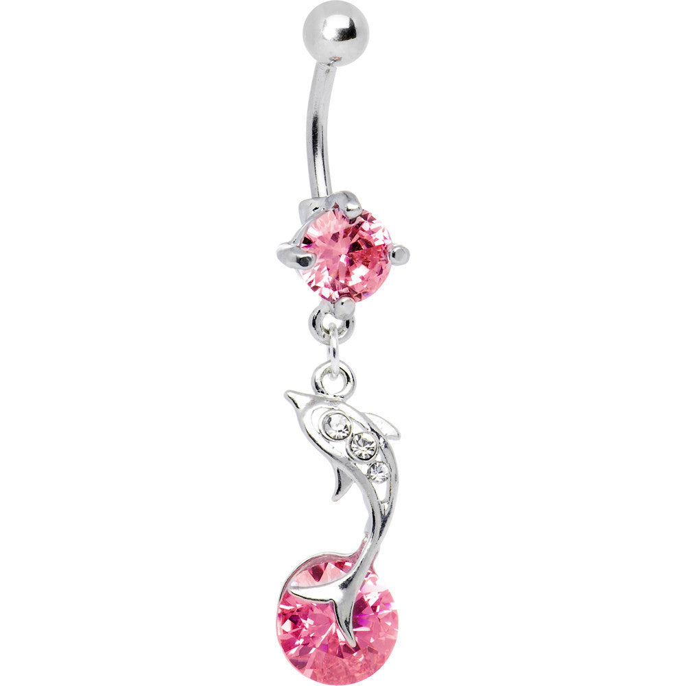 Leaping for Joy Dolphin Pink CZ Belly Ring